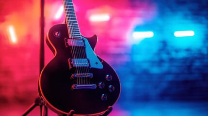 Fototapeta premium A modern electric guitar on a stand with colorful neon lights