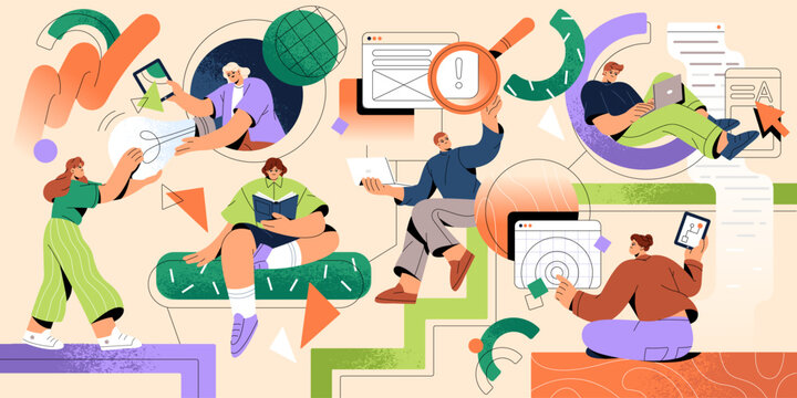 Coworking concept. Employees' team works in collaboration, cooperation. Office workers do business, development in partnership. Teamwork processes, workflow organization. Flat vector illustration
