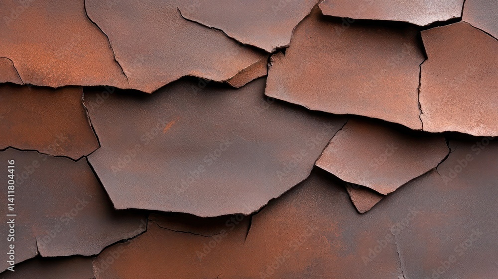 Poster macro shot of layered, textured metallic scales in varying shades of brown, suggesting aging or corr