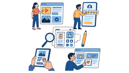 UI/UX Designing Illustration Pack with Wireframes, App Interfaces, Web Layouts, and User Experience Design Tools for Digital Projects