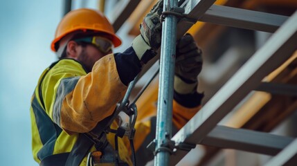 A construction worker assembling scaffolding at a building site. Featuring teamwork and coordination