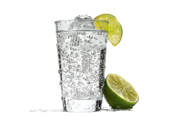Refreshing sparkling water with a slice of lime on a bright background, perfect for a summer day isolated on transparent background