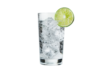 Refreshing glass of sparkling water with ice and lime garnish on a clean white background capturing a summer vibe isolated on transparent background