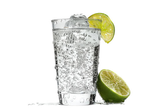 Refreshing sparkling water with a slice of lime on a bright background, perfect for a summer day isolated on transparent background