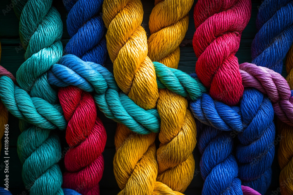 Poster colorful ropes intertwined creating a complex knot texture background
