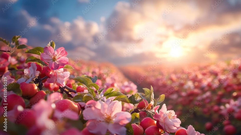 Poster captivating close-up showcases apple blossoms in full bloom, set against a vast field of red apples.