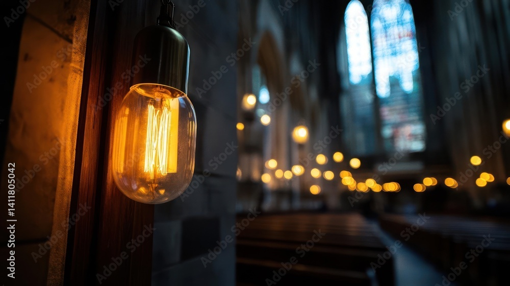 Poster Close up shot of a hanging incandescent bulb illuminating the interior of a church with rows of empty pews and blurred gothic style windows in the background, creating an intimate and reflective