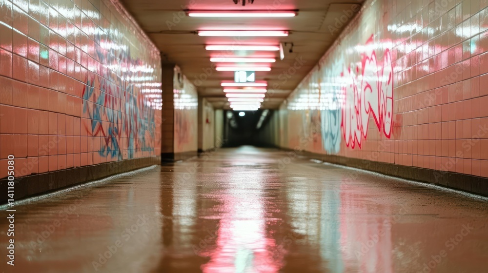 Aufkleber illuminated tunnel with white tiled walls and bright red fluorescent lights creates symmetrical vani