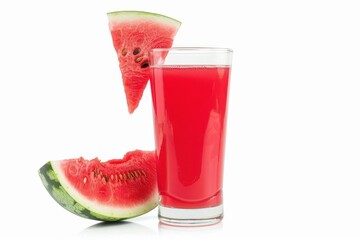 Refreshing watermelon juice served in a tall glass with vibrant pink color alongside fresh watermelon slices on a bright backdrop isolated on transparent background