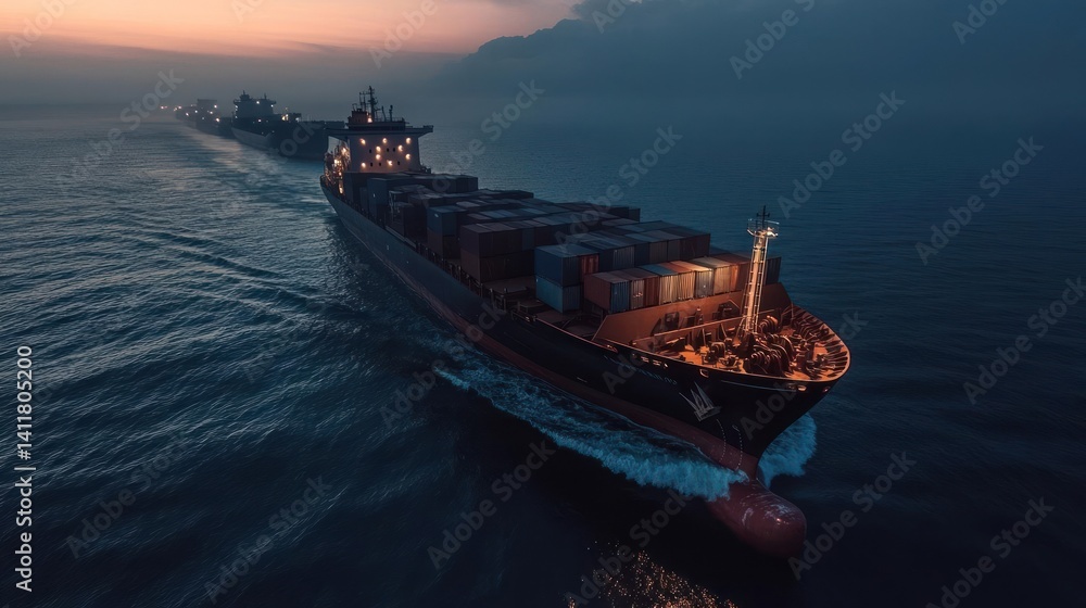 Poster An aerial shot captures a massive container ship navigating deep blue ocean waters at twilight. The ship is loaded with cargo, followed by a series of identical container ships, against a backdrop of