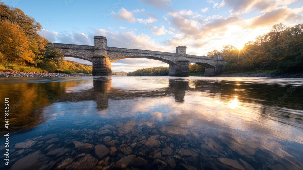 Aufkleber scenic landscape capturing an old stone bridge over a reflective river with exposed rocks beneath th