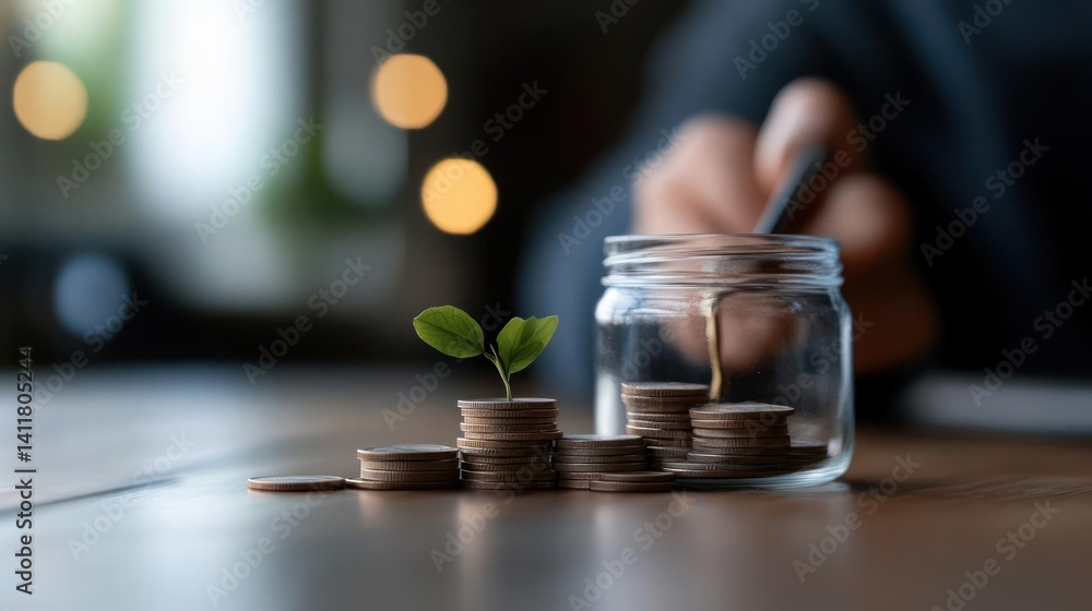 Poster close-up on stacked coins with a small plant growing from the top stack and a jar of coins blurred i