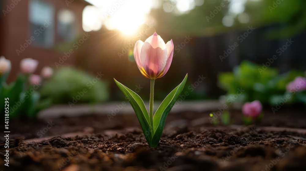 Aufkleber a captivating close-up captures a single pink tulip against sunlit backdrop, its petals softly glowi