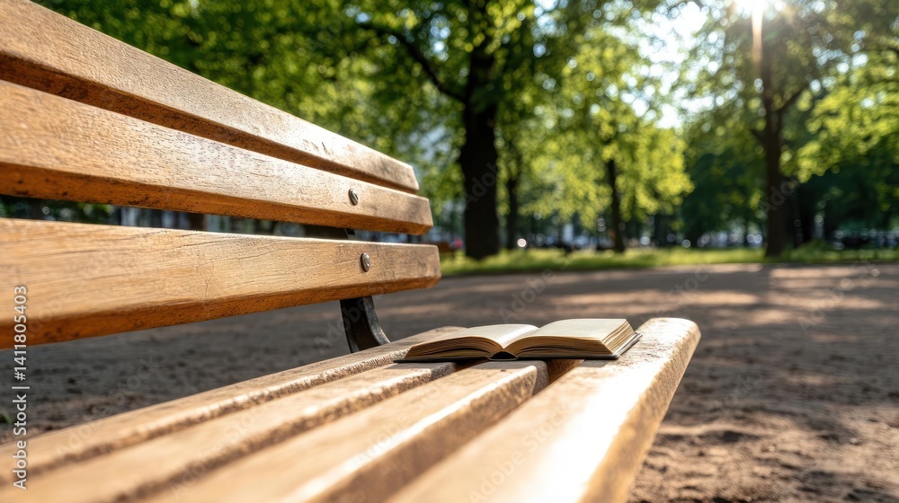 Aufkleber a close up shot shows a wooden park bench with sunlight filtering through the trees in the backgroun