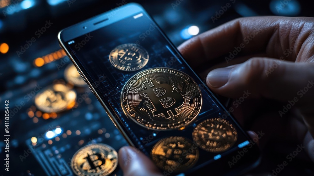 Aufkleber a close-up shows a hand holding a smartphone displaying gold generic cryptocurrency coins on a dark 