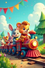 Cute cartoon animals riding a birthday train with festive decorations, animals, cartoon