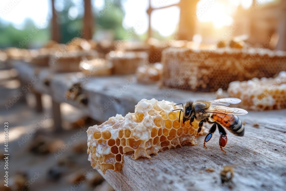 Poster close-up shot of a bee on a wooden surface covered with honeycomb, with a blurred background featuri