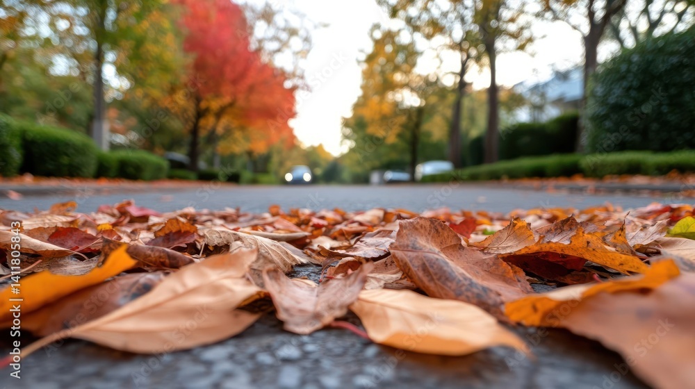 Poster close up, ground level perspective captures an asphalt road covered with colorful autumn leaves. tre