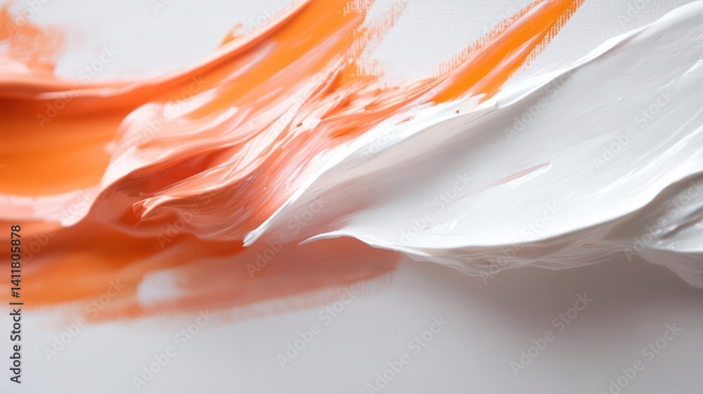 Poster Abstract close-up of thick brushstrokes of orange and white paint on a canvas, creating a dynamic textured pattern against a plain background, capturing the interplay of colors and light