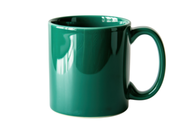 Bright green ceramic mug placed elegantly on a clean white surface, highlighting its glossy finish and modern design for a minimalist aesthetic isolated on transparent background