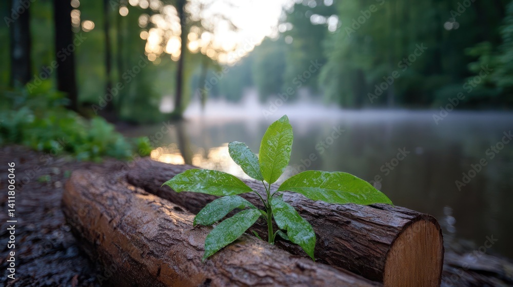 Aufkleber a close up of a seedling growing on a log with a tranquil pond surrounded by a forest in the backgro