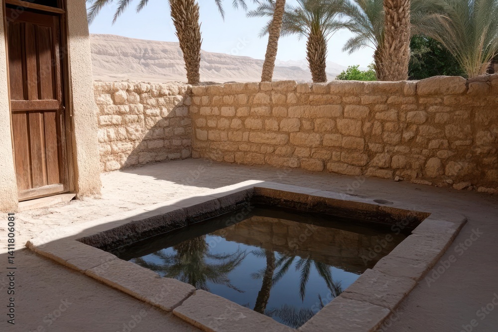 Poster captures a tranquil stone basin filled with water, its surface mirroring generic trees under a clear