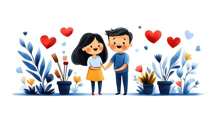 Fototapeta premium Watercolor illustration of happy family in cozy home setting with heart motifs for decorative art prints