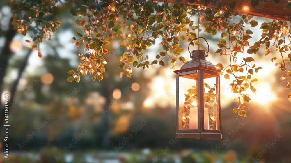 Aufkleber Hanging lantern with a lit candle on a tree branch with soft, warm sunset light. the focus is on the intricate details of the lantern, with the light highlighting the leaves of the tree