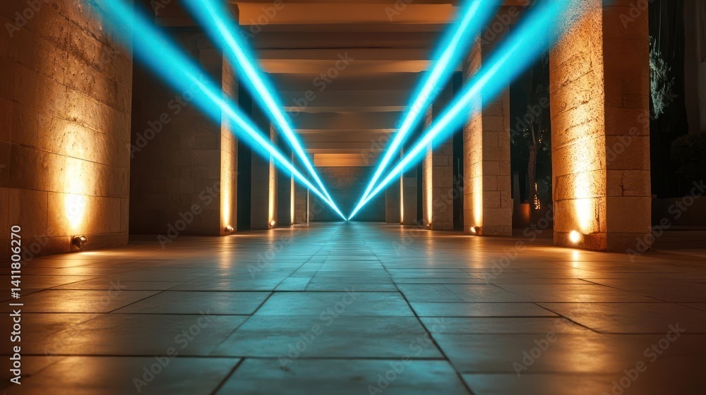 Poster A symmetrical view through a stone tunnel illuminated by parallel blue light beams emanating from the vanishing point and upward facing spotlights along the corridor, creating geometric patterns and