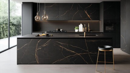 Modern Dark Kitchen Interior Design with Gold Accents