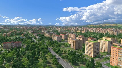 Obraz premium Aerial View of a Modern Cityscape with Lush Greenery and Mountain Background