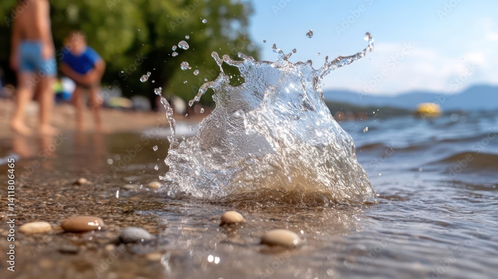 Poster Close-up shot capturing the dynamic moment of water splashing upwards on a sandy beach with scattered pebbles, shallow depth of field, people blurred in background during daytime, clear blue water