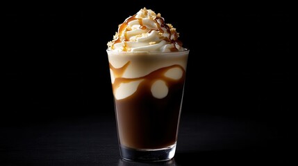 A rich coffee drink topped with whipped cream and drizzled with caramel, served in a clear glass with a straw against a dark background.
