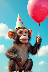 Cute monkey with party hat and balloons against blue sky backdrop, birthday party, adorable