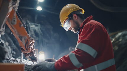Mining technician performing routine inspection on machinery used for lithium extraction. Featuring equipment inspection