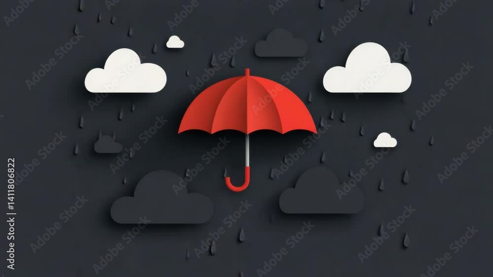Poster Red Umbrella with Raindrops and Clouds on Dark Background in Abstract Style