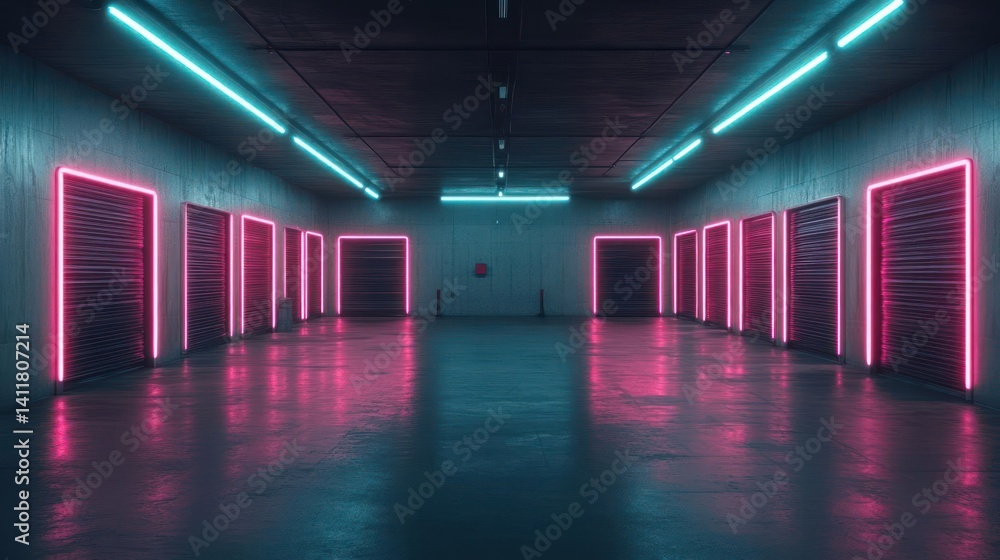 Aufkleber a long corridor is illuminated by blue and pink neon lights with a row of doors on either side. the 