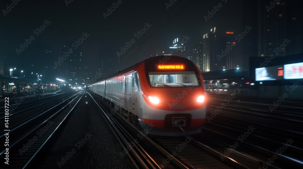 Poster night scene with a red and white train moving along tracks, city lights in the background. the compo