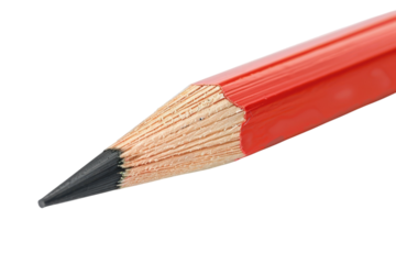 A close-up view of a sharpened red pencil resting on a white surface, showcasing the fine details of its lead and wood craftsmanship isolated on transparent background