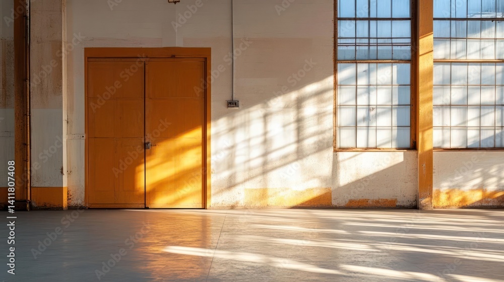Aufkleber a bright empty room is illuminated by sunlight shining through large windows. a generic colored door