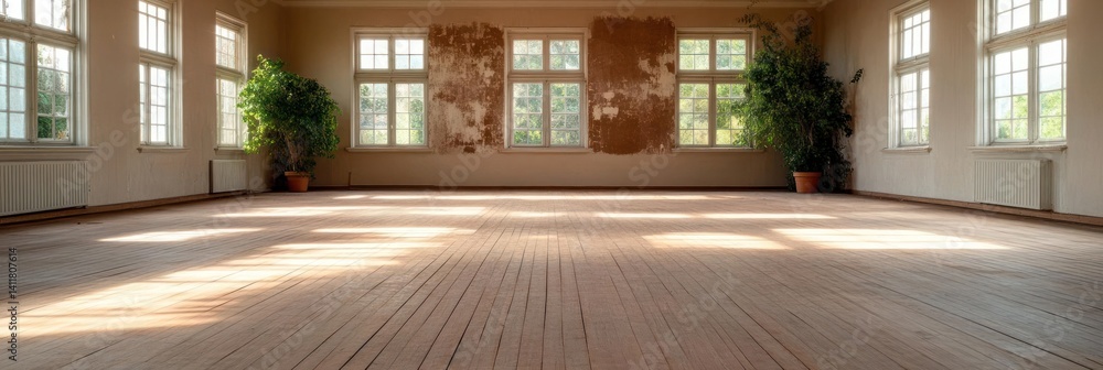 Aufkleber sunlit interior features a brown tiled floor and white walls with damage above three windows. potted