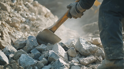Mining worker clearing debris from the extraction site to improve efficiency. Featuring site preparation