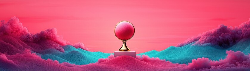 Vibrant Pink and Blue Landscape with a Reflective Sphere Centered on a Pedestal