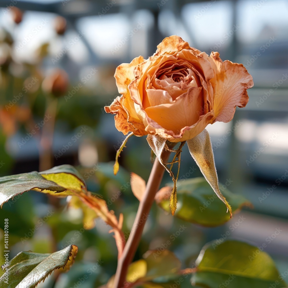 Poster close-up of a single orange rose, its petals showing signs of age and slight imperfection, against a
