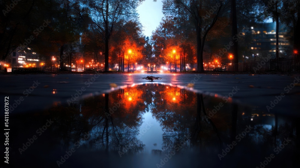 Aufkleber a nighttime urban park scene reflects in a puddle, featuring symmetrical rows of trees illuminated b