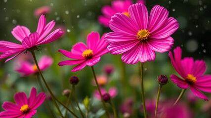 Vibrant pink cosmos flowers bloom beautifully in a lush garden setting with gentle rain showe down.