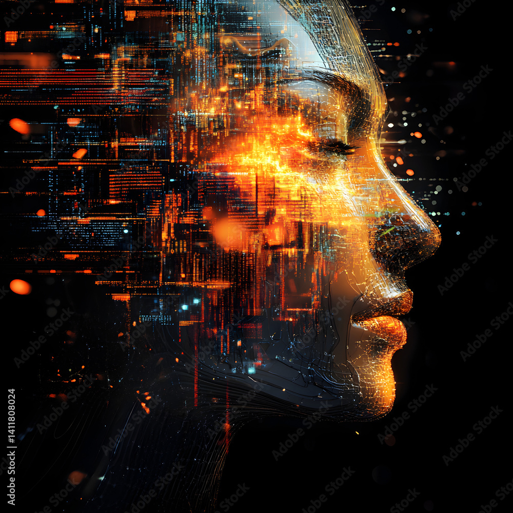 Poster digital avatar: an artwork representing the integration of technology and humanity, a side profile o