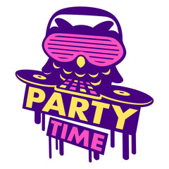 DJ Owl Party Time Graffiti Club Music Text Saying Isolated Vector Graphic Design Illustration
