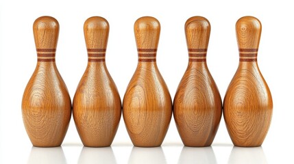 A set of bowling pins and ball arranged perfectly, polished floor reflection