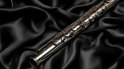 A shining silver flute laid diagonally across black satin
